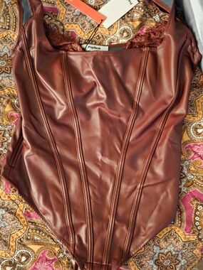 Lush Faux Leather Corset Bodysuit in Burgundy Brown